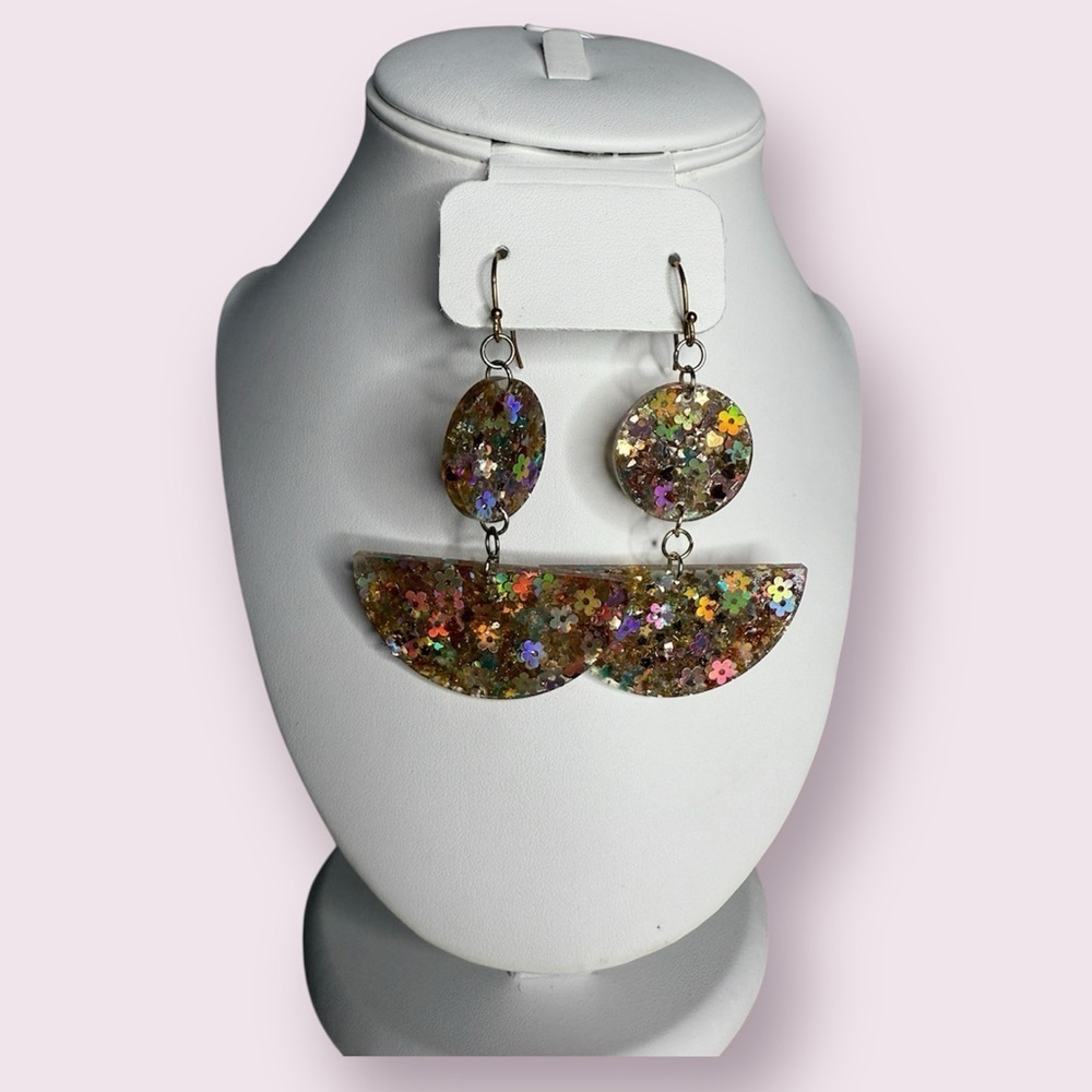 Geometric Holographic Confetti Gold Resin Earrings